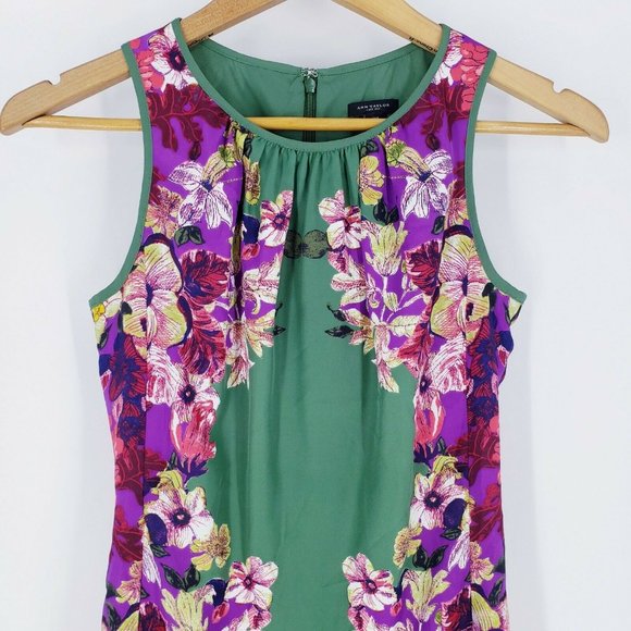 ANN TAYLOR Sheath Green Floral Dress Size 00 - Picture 2 of 9